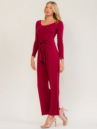 WOMEN'S LONG SLEEVE SELF TIE WIDE LEG RIBBED JUMPSUIT