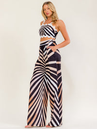 WOMEN'S SLEEVELESS SMOCK CROP TOP & ELASTIC WAIST WIDE LEG PANTS MULTI PRINT 2PC. SET