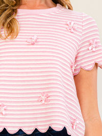 WOMEN'S SHORT SLEEVE COLORBLOCK STRIPES BOWS DETAILED BLOUSE