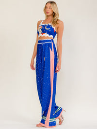 WOMEN'S SLEEVELESS SMOCK CROP TOP & ELASTIC WAIST WIDE LEG PANTS MULTI PRINT 2PC. SET