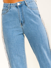 WOMEN'S BUTTON CLOSURE POCKETS RHINESTONES FRINGE DENIM STRAIGHT LEG PANTS