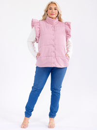 PLUS SIZE RUFFLE SLEEVE BUTTON UP FRONT POCKETS PUFFER VEST