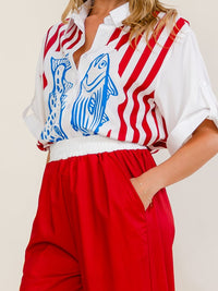 WOMEN'S SHORT SLEEVE BLOUSE & ELASTIC WAIST WIDE LEG PANTS MULTI PRINT 2PC. SET