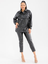 WOMEN'S LONG SLEEVE BUTTON UP PU PLEATHER TOP