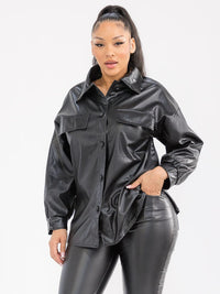 WOMEN'S LONG SLEEVE BUTTON UP PU PLEATHER TOP