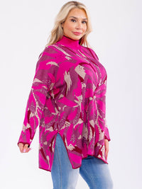 PLUS SIZE LONG SLEEVE MOCK NECK SHIMMER MULTI PRINT PULLOVER BLOUSE