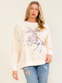 WOMEN'S LONG SLEEVE COWGIRL PRINT PULLOVER SWEATER