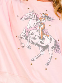 WOMEN'S LONG SLEEVE COWGIRL PRINT PULLOVER SWEATER