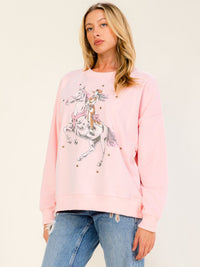 WOMEN'S LONG SLEEVE COWGIRL PRINT PULLOVER SWEATER