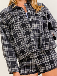 WOMEN'S LONG SLEEVE JACKET & BUTTON CLOSURE MINI SHORTS DENIM PLAID 2PC. SET