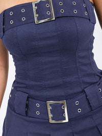 WOMEN'S SLEEVELESS TWO BELTED TUBE DENIM MINI DRESS