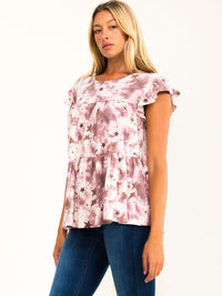 ENTRO WOMEN'S SHORT RUFFLE SLEEVE TIE DYE TUNIC BLOUSE
