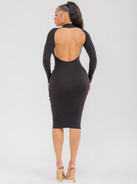 WOMEN'S LONG SLEEVE OPEN BACK RIBBED BODYCON MIDI DRESS