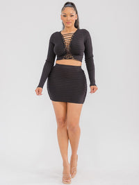 WOMEN'S LONG SLEEVE CROP TOP & MINI SKIRT LACE UP DETAILED 2PC. SET