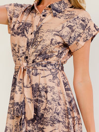 WOMEN'S SHORT SLEEVE BUTTON UP SELF TIE MULTI PRINT MIDI DRESS