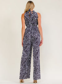 WOMEN'S SLEEVELESS HALTER NECK ELASTIC WAIST WIDE LEG ZEBRA PRINT JUMPSUIT