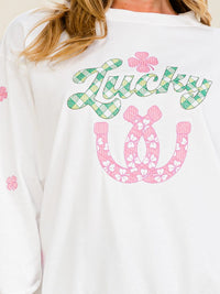 WOMEN'S LONG SLEEVE CLOVER LUCKY STITCHED GRAPHIC PULLOVER SWEATER
