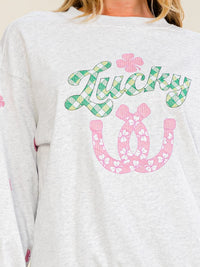 WOMEN'S LONG SLEEVE CLOVER LUCKY STITCHED GRAPHIC PULLOVER SWEATER