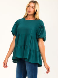 ENTRO WOMEN'S SHORT SLEEVE TIERED TUNIC LOOSE FIT SOLID TOP