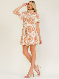 WOMEN'S SHORT SLEEVE BUTTON UP MOCK NECK SELF TIE MULTI PRINT ROMPER