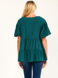 ENTRO WOMEN'S SHORT SLEEVE TIERED TUNIC LOOSE FIT SOLID TOP