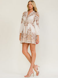 WOMEN'S LONG SLEEVE BUTTON UP V-NECK MULTI PRINT MINI DRESS