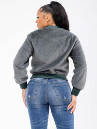 WOMEN'S LONG SLEEVE ZIPPER CLOSURE FRONT POCKETS FUZZY BOMBER JACKET