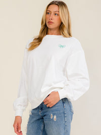 WOMEN'S LONG SLEEVE CLOVER STITCHED GRAPHIC PULLOVER SWEATER