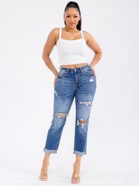 WOMEN'S BUTTON CLOSURE DISTRESS STRETCH DENIM JEANS