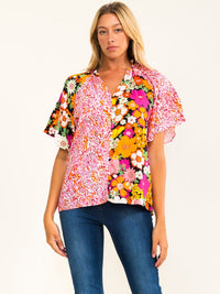 ENTRO WOMEN'S SHORT SLEEVE BUTTON UP FLORAL PRINT BLOUSE