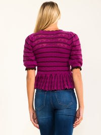 ENTRO WOMEN'S SHORT RUFFLE COLORBLOCK STRIPES PEPLUM KNIT BLOUSE