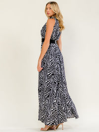 WOMEN'S SLEEVELESS HALTER NECK BELTED ZEBRA PRINT MAXI DRESS