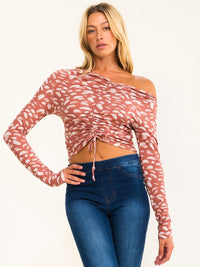 ENTRO WOMEN'S LONG SLEEVE V-NECK RUCHED ANIMAL PRINT TOP