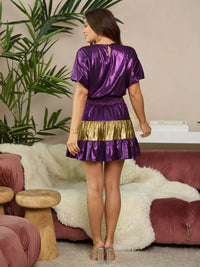 WOMEN'S SHORT SLEEVE SMOCK WAIST SHIMMER FIT & FLARE MINI DRESS