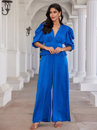 WOMEN'S SHORT PUFF SLEEVES V-NECK WIDE LEG JUMPSUIT