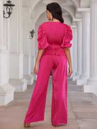 WOMEN'S SHORT PUFF SLEEVES V-NECK WIDE LEG JUMPSUIT