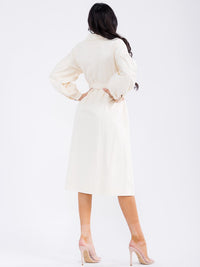 WOMEN'S LONG SLEEVE BUTTON UP SELF TIE DENIM MIDI DRESS