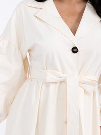 WOMEN'S LONG SLEEVE BUTTON UP SELF TIE DENIM MIDI DRESS