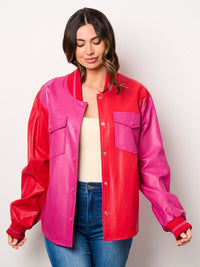 WOMEN'S LONG SLEEVE POCKETS BUTTON CLOSURE COLORBLOCK PU PLEATHER JACKET