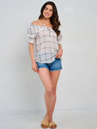 WOMEN'S SHORT SLEEVE OFF SHOULDER CHECKERS PRINT BLOUSE
