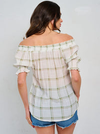 WOMEN'S SHORT SLEEVE OFF SHOULDER CHECKERS PRINT BLOUSE