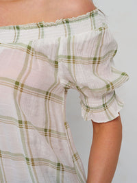WOMEN'S SHORT SLEEVE OFF SHOULDER CHECKERS PRINT BLOUSE
