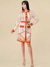 WOMEN'S LONG SLEEVES BUTTON UP MULTI PRINT MIDI DRESS