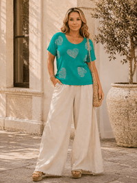 PLUS SIZE SHORT SLEEVE RIBBED SEQUINS HEART PRINT BLOUSE