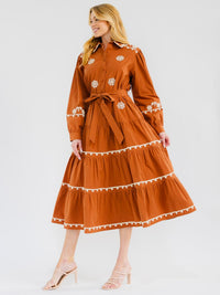 WOMEN'S LONG SLEEVE BUTTON UP TIERED EMBROIDERY MAXI DRESS