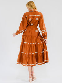 WOMEN'S LONG SLEEVE BUTTON UP TIERED EMBROIDERY MAXI DRESS