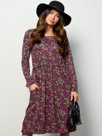 WOMEN'S LONG SLEEVE ELASTIC WAIST POCKETS FLORAL MIDI DRESS
