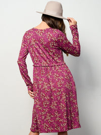 WOMEN'S LONG SLEEVE ELASTIC WAIST POCKETS FLORAL MIDI DRESS