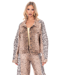 WOMEN'S LONG SLEEVE BUTTON UP FRONT POCKETS ANIMAL PRINT DENIM JACKET