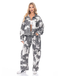 WOMEN'S BUTTON CLOSURE POCKETS TIE DYE DENIM PANTS
